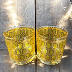 West Virginia Glass Madrid Gold Embossed Hexagon Old Fashioned Glasses‎ Cup Set2